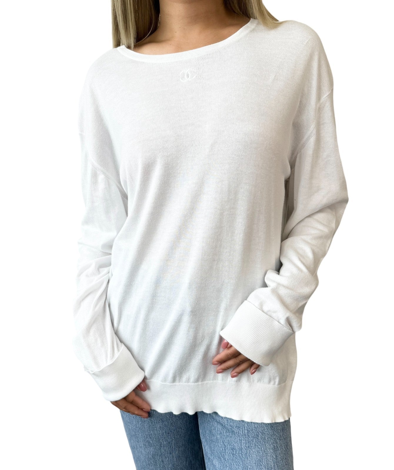 CHANEL Vintage CC Logo Long Sleeve Knit Sweater Top White Cotton 106972