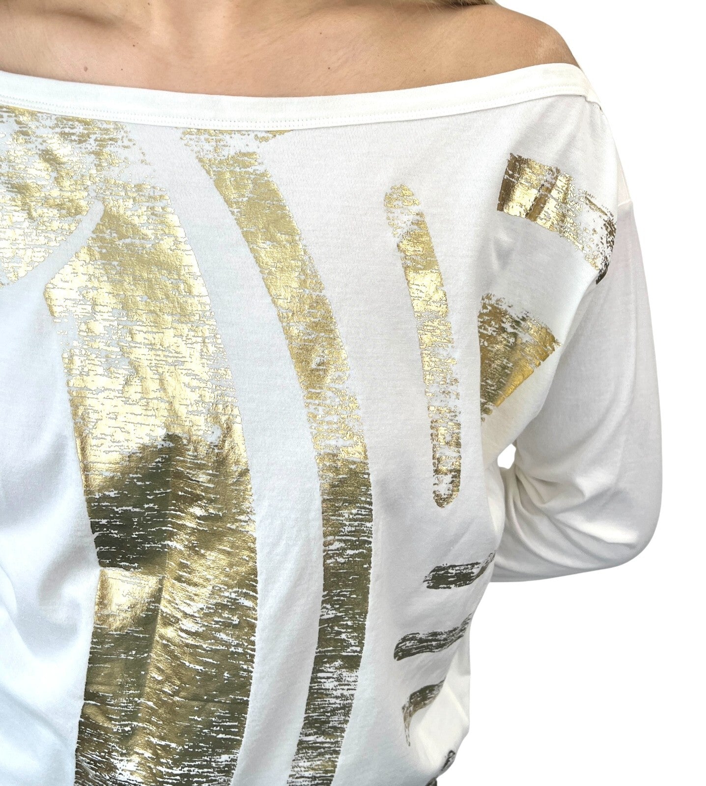 CELINE Vintage Big Macadam Logo Off-shoulder Top #M Spandex White Long Sleeve