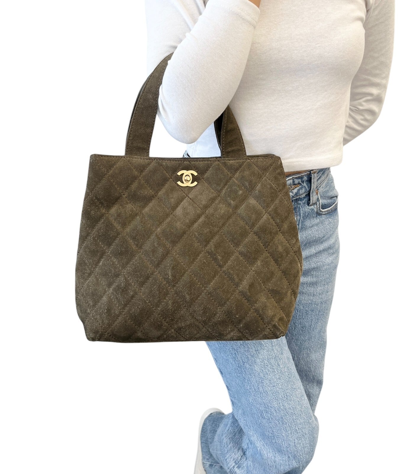 CHANEL Vintage CC Mark Logo Tote Bag Handbag Turnlock Brown Gold Suede Stitch