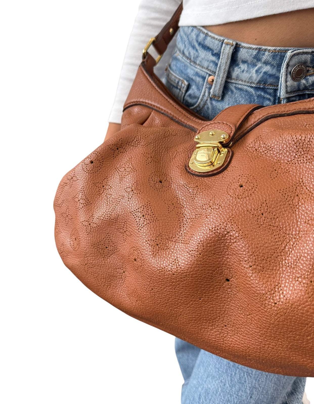 LOUIS VUITTON Vintage LV Monogram Mahina Crossbody Bag Brown Gold Leather