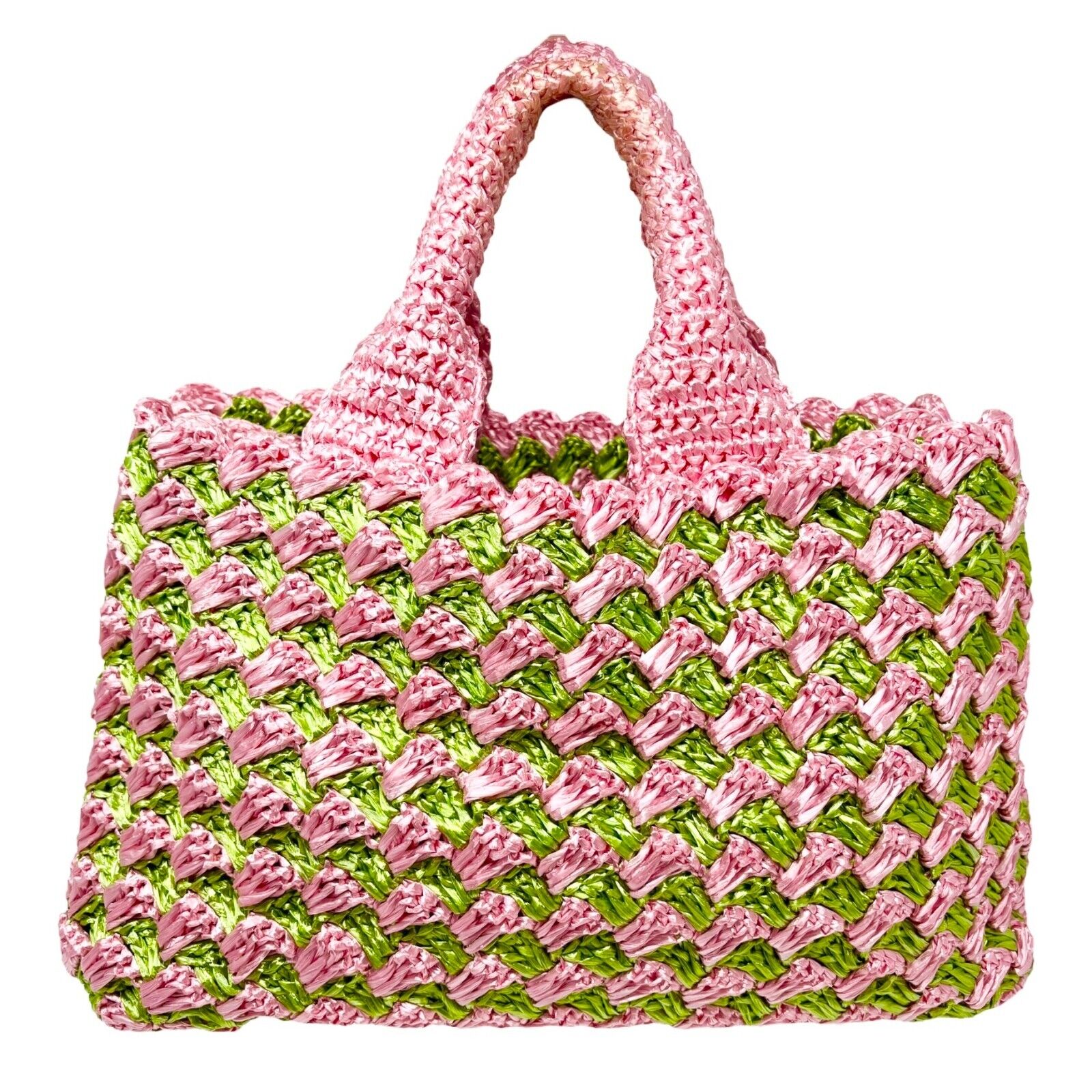 PRADA Vintage Logo Raffia Mini Tote Bag Pink Green Polyethylene Snap Button