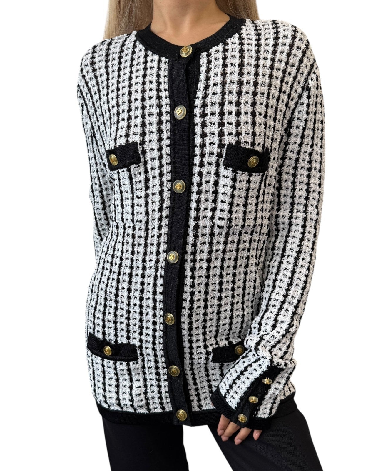 CHANEL Vintage 97P CC Logo Button Tweed Cardigan Sweater Top Black White