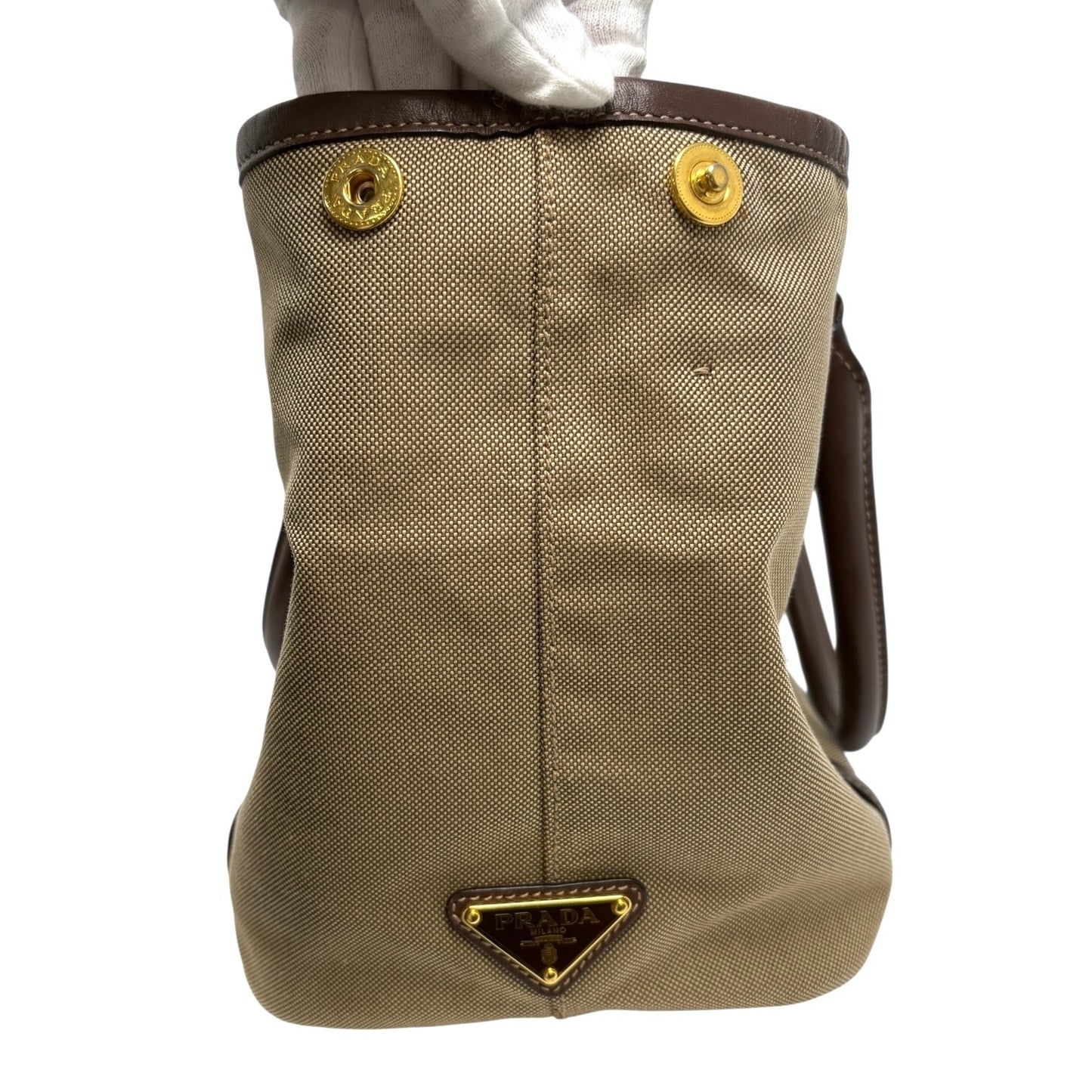 PRADA Vintage Triangle Logo Jacquard Canvas Tote Bag Handbag Khaki Dark Brown
