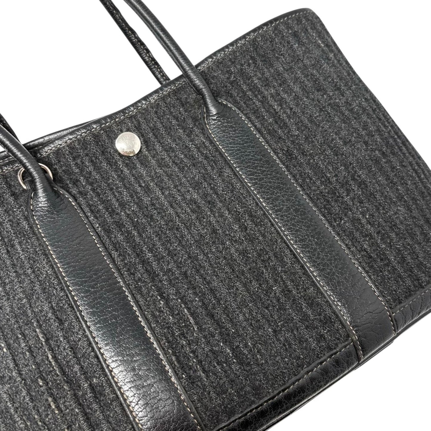 HERMES Vintage Ribbed Wool Garden Party 30 PM 2way Bag Black Silver Leather