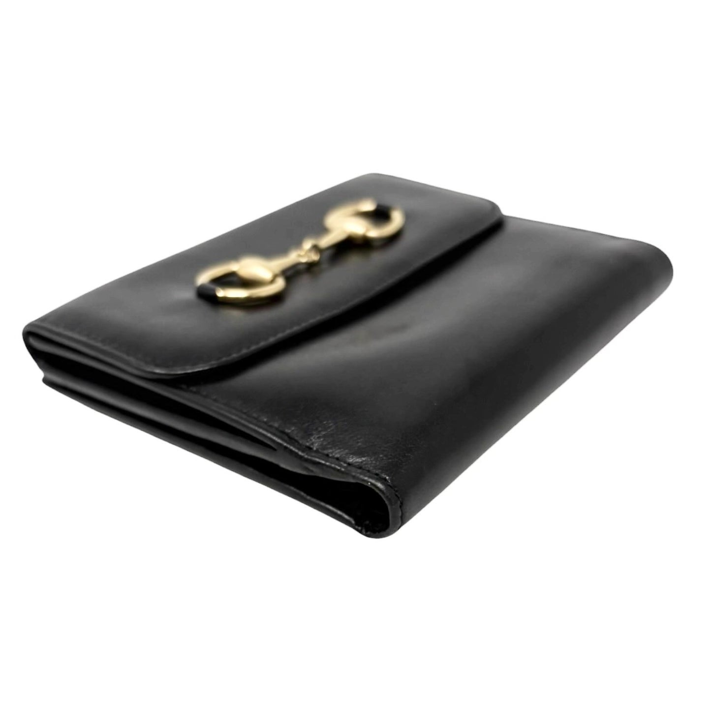 GUCCI Vintage Logo Horsebit Tri-fold Wallet Purse Black Gold Leather Square
