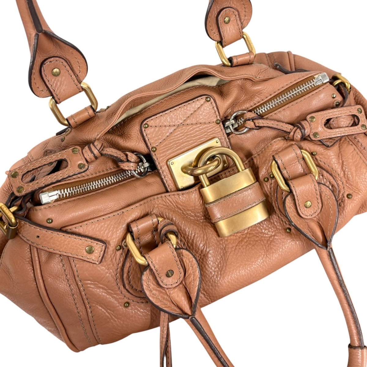 Chloe Vintage Paddington Padlock Key Boston Bag Leather Brown Gold 902318