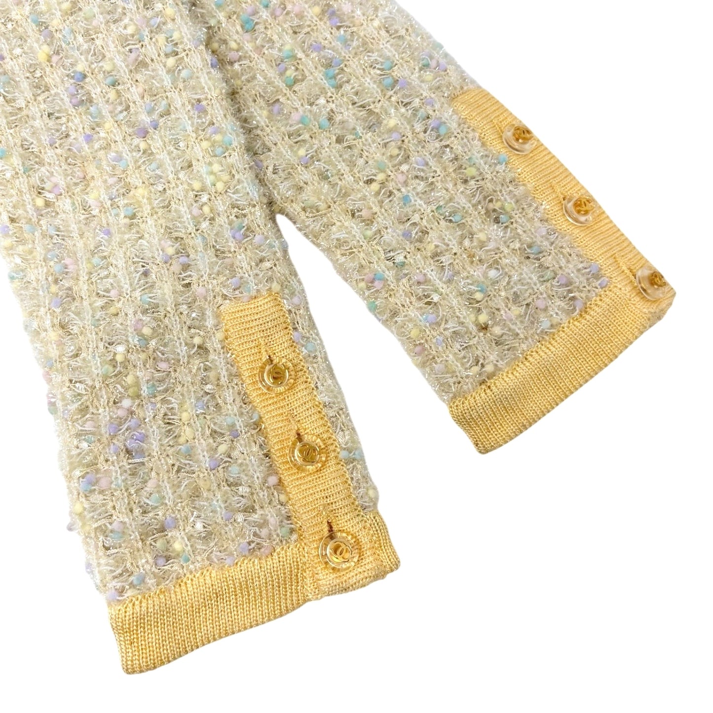 CHANEL Vintage 97P CC Mark Logo Tweed Cardigan #38 Sweater Yellow Nylon