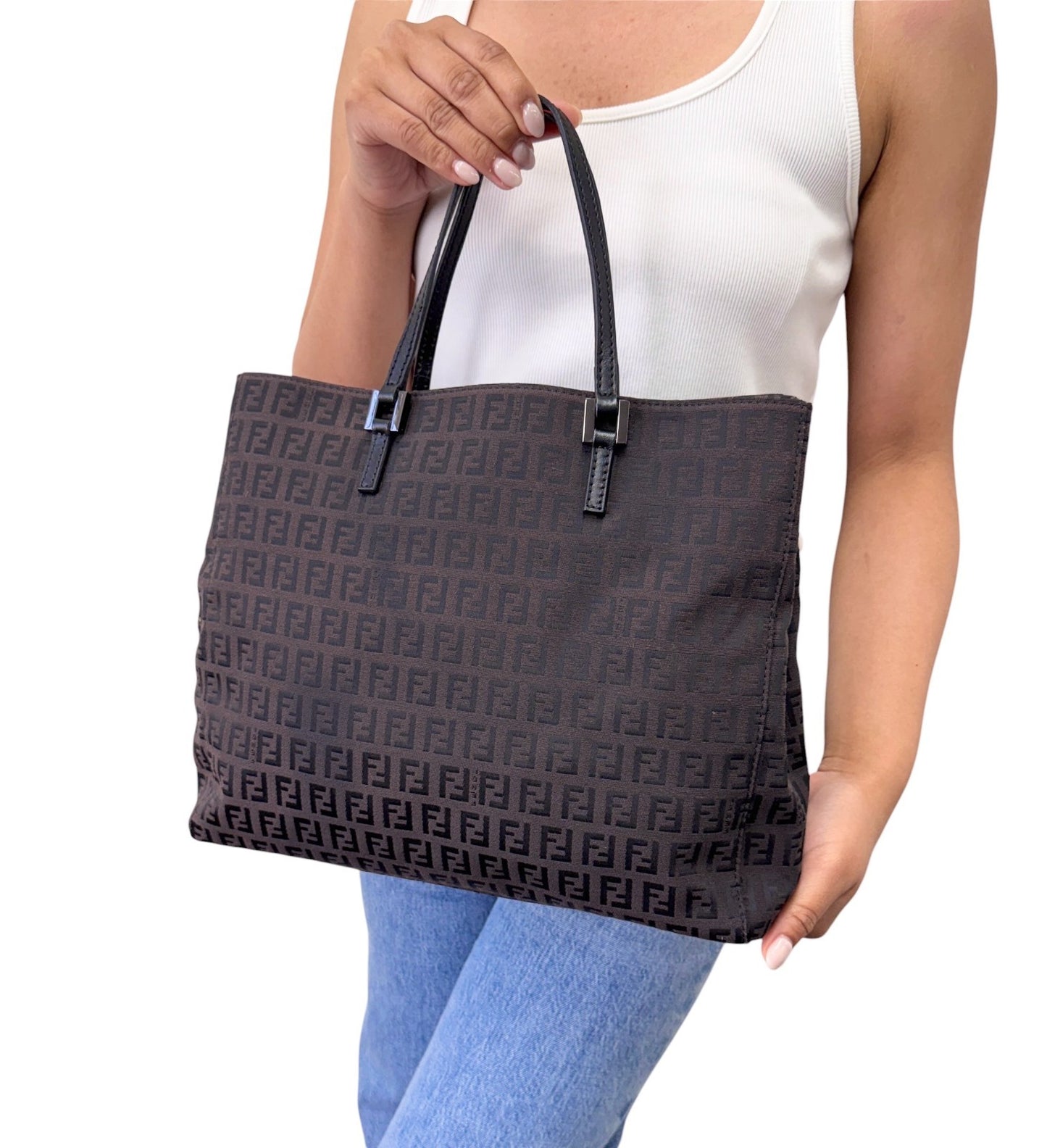 FENDI Vintage FF Logo Zucchino Monogram Tote Hand Bag Brown Black 902444