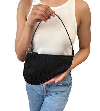 Christian Dior Vintage Trotter Monogram Mini Saddle Bag Black Canvas 902264