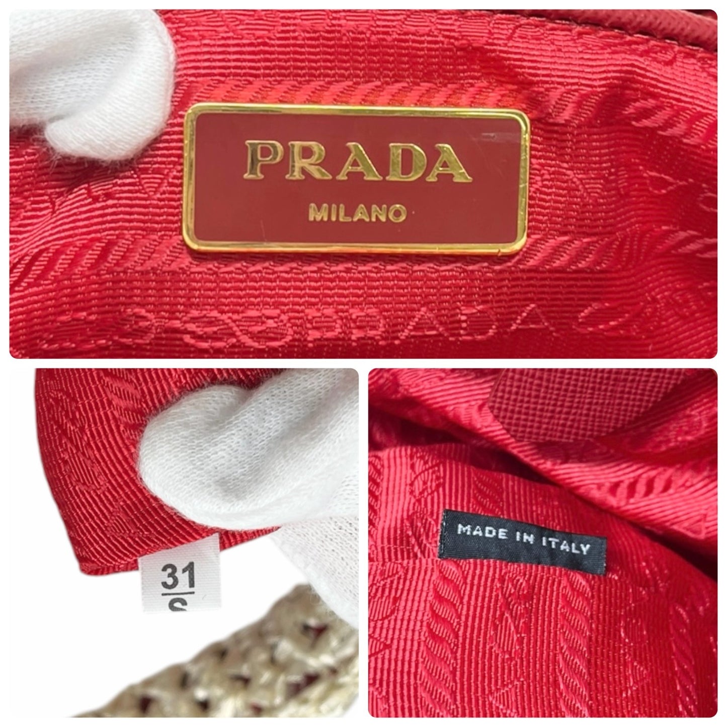 PRADA Vintage Triangle Logo Raffia Canapa Tote Bag Red White Crochet 902048