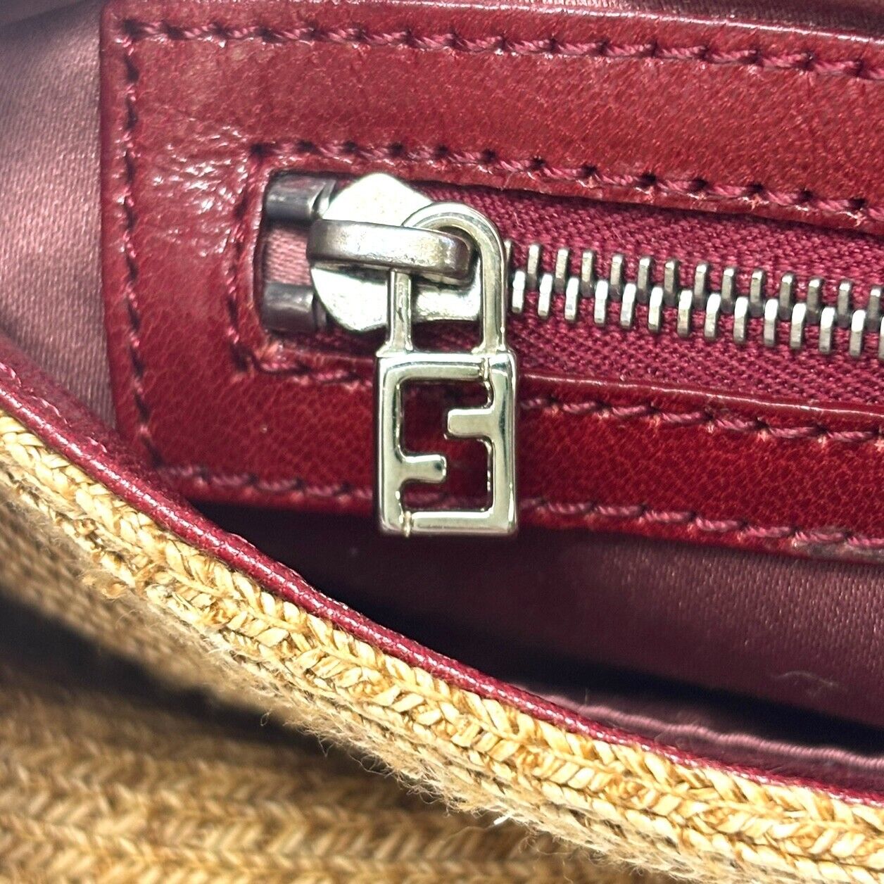 FENDI Vintage Logo Mamma Baguette Shoulder Bag Straw Raffia Red Leather