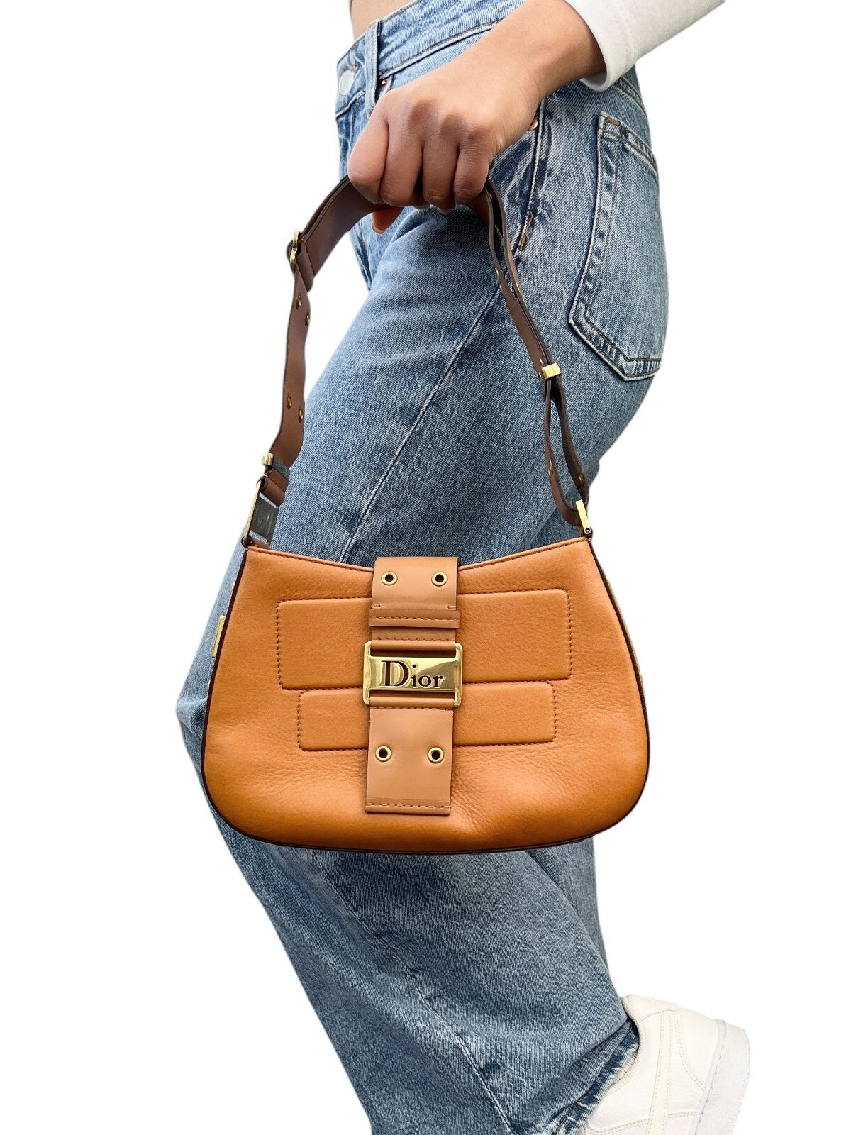 Christian Dior Vintage Logo Street Chic Shoulder Bag Brown Gold Leather