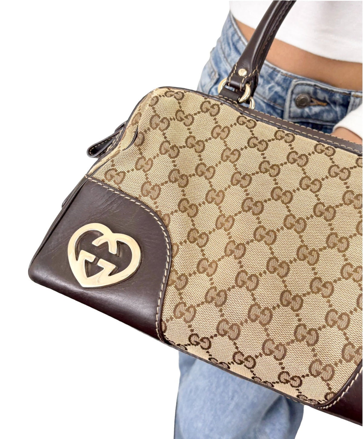 GUCCI Vintage GG Monogram Lovely Heart Shoulder Bag Beige Brown Canvas 902325