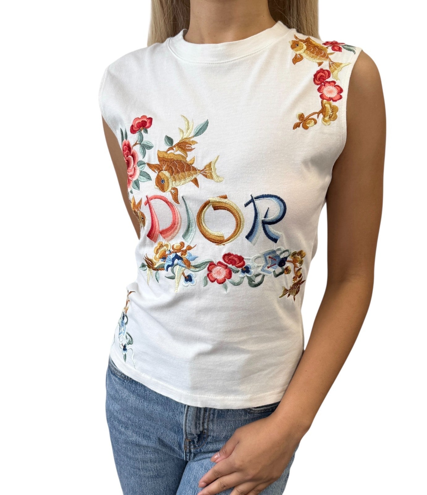 Christian Dior Vintage 2002 Goldfish Floral Embroidery Tank Top #38 White