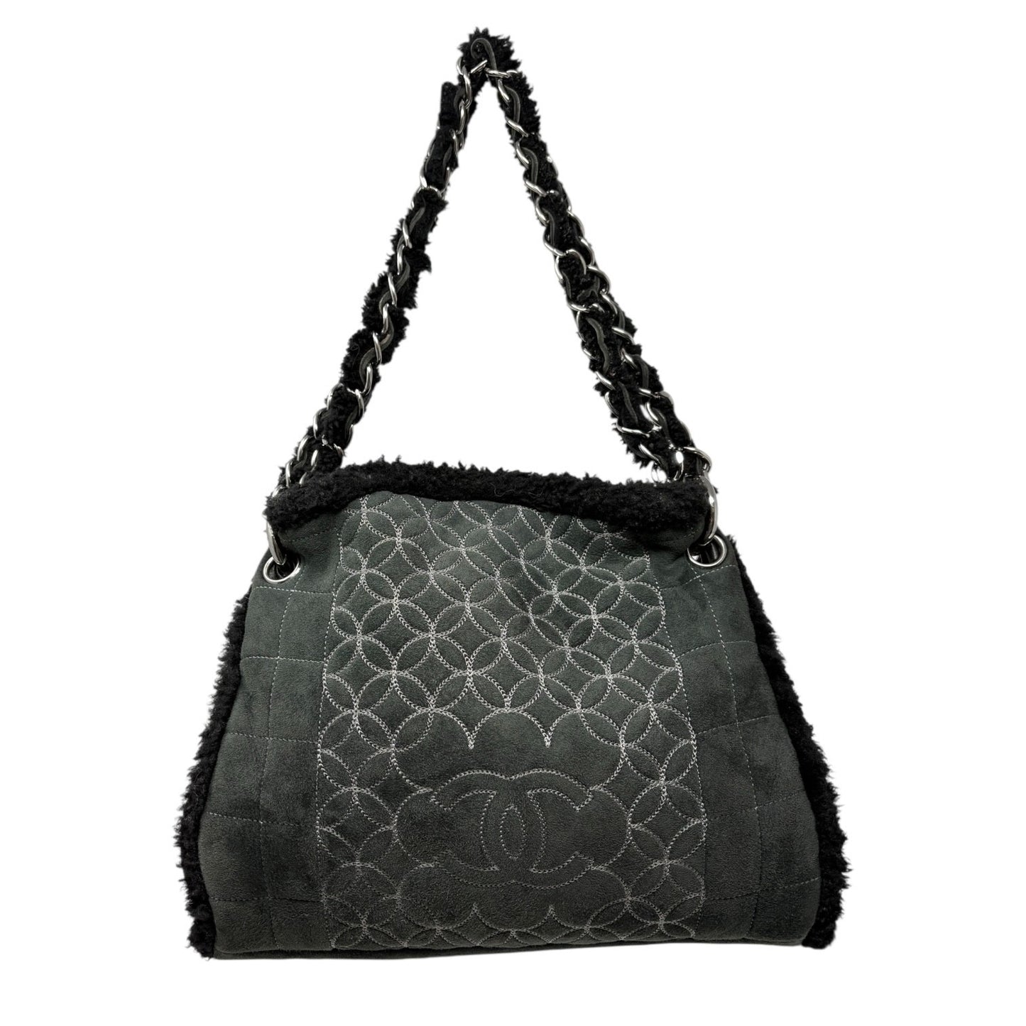 CHANEL Vintage Shearling Fur Shoulder Bag Pouch Mouton Black Chain CC Suede