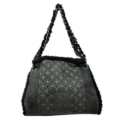 CHANEL Vintage Shearling Fur Shoulder Bag Pouch Mouton Black Chain CC Suede
