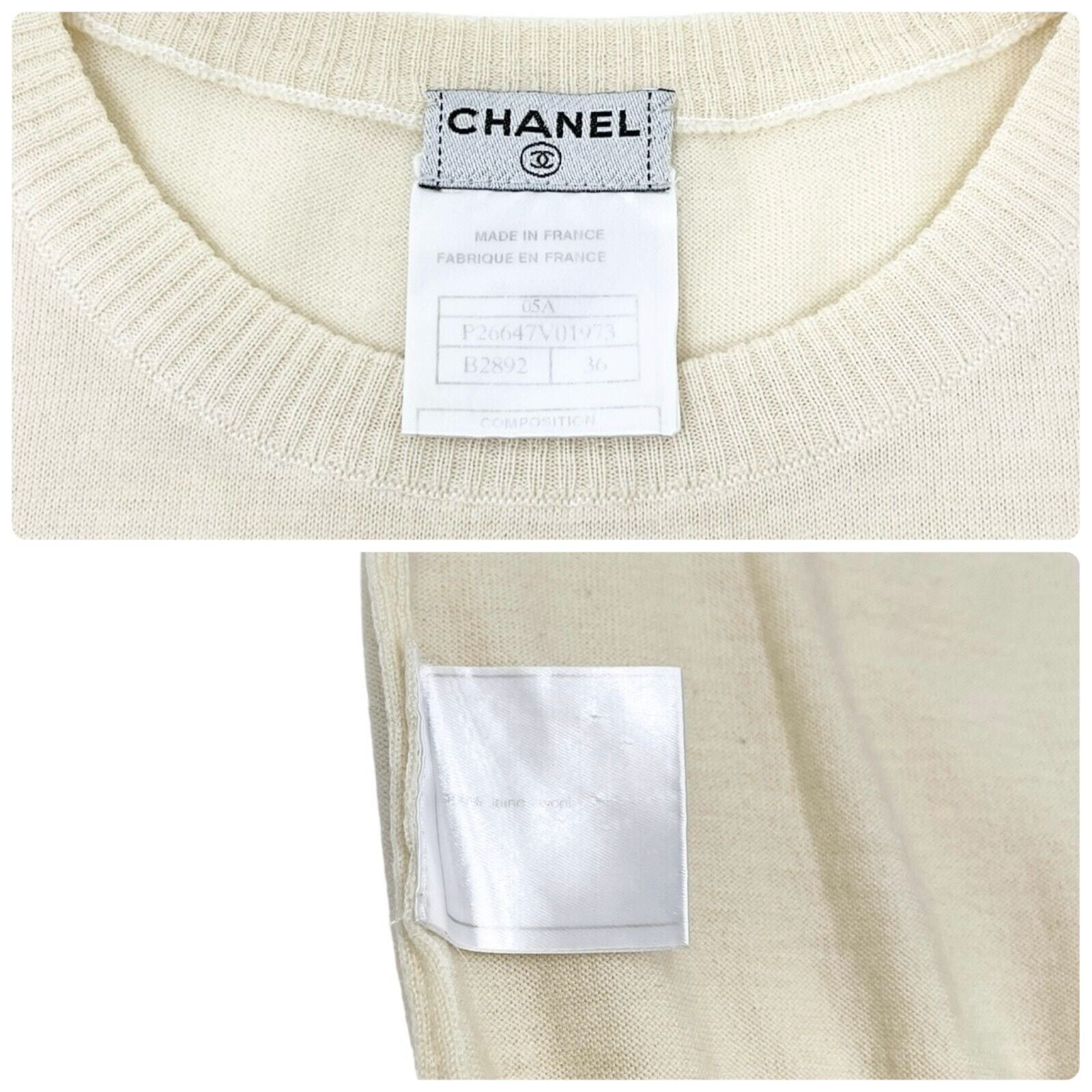 CHANEL Vintage 05A CC Mark Logo Knit T-shirt Top #36 Pocket Cream Wool Rank AB+