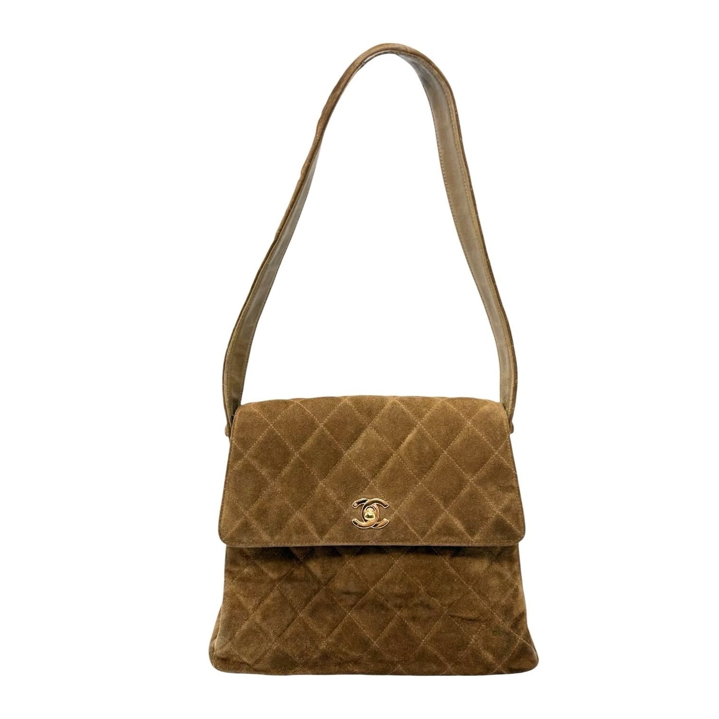 CHANEL Vintage CC Logo Turnlock Quilted Suede Flap Shoulder Bag Brown 902580