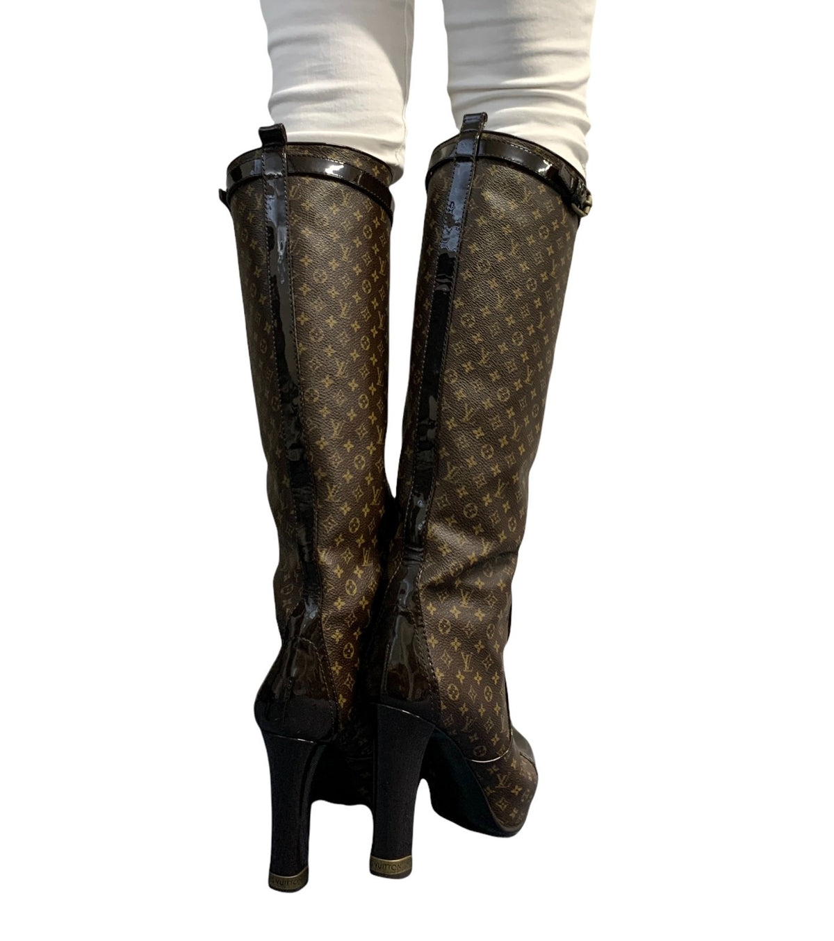 LOUIS VUITTON Vintage LV Monogram Long Boots #37-37.5 Heels Brown Black 902463