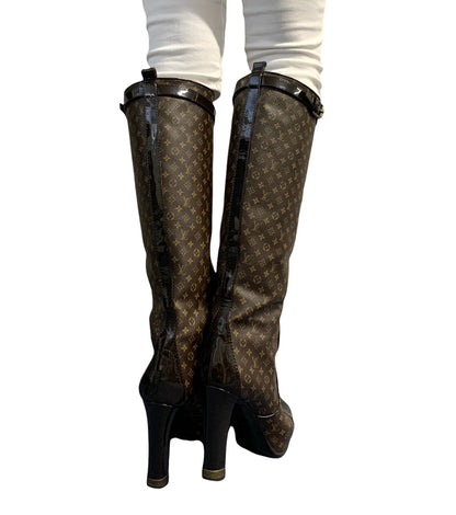 LOUIS VUITTON Vintage LV Monogram Long Boots #37-37.5 Heels Brown Black 902463