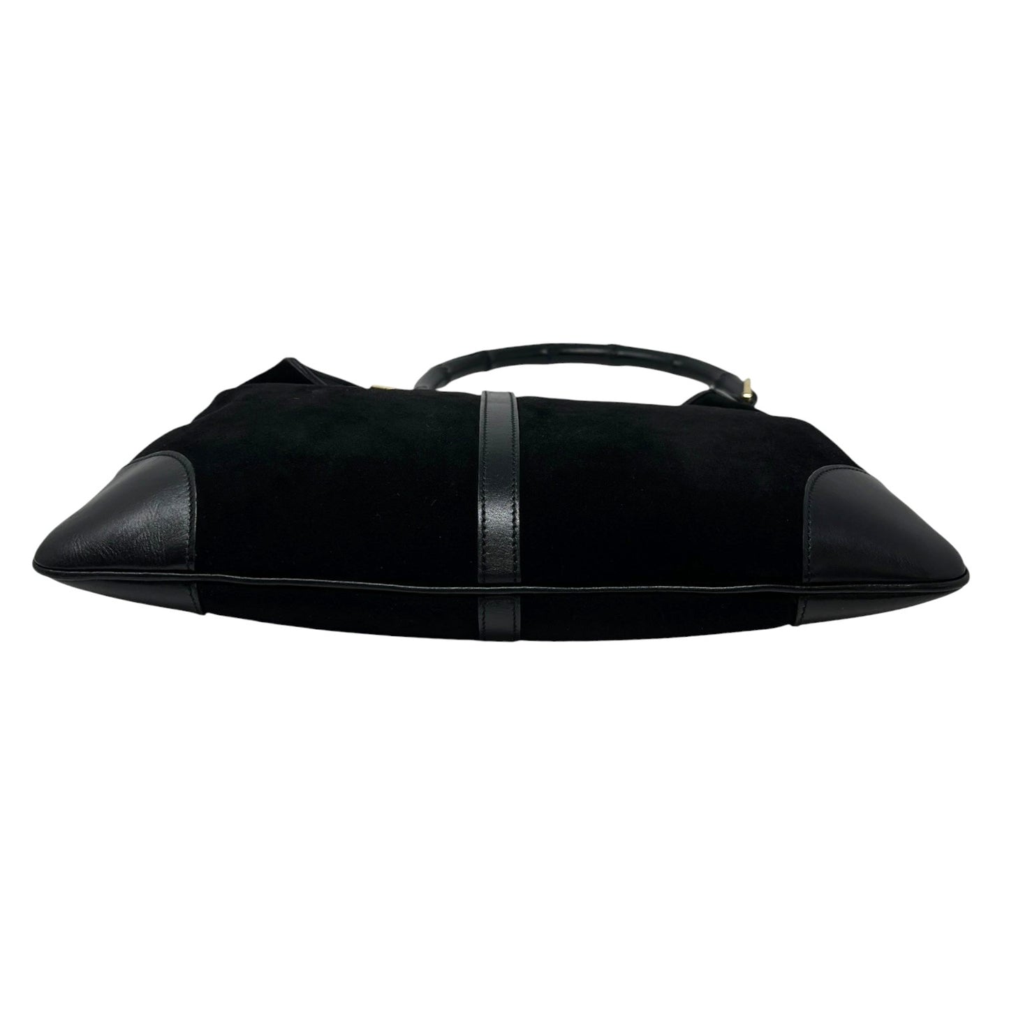 Gucci Vintage Bamboo Top Hobo Shoulder Bag Black Gold Suede Leather 106544