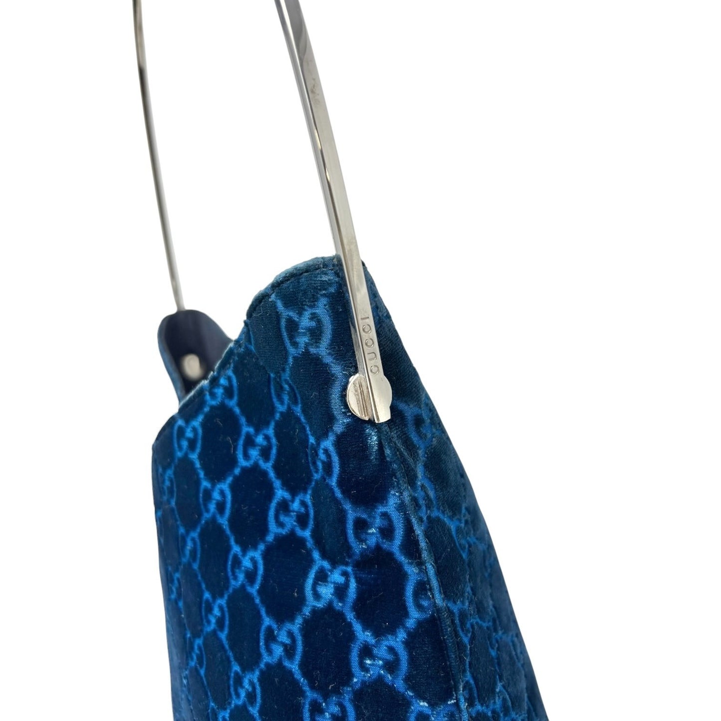 Gucci Vintage GG Monogram Suede Hobo Shoulder Bag Blue Silver Leather 902062