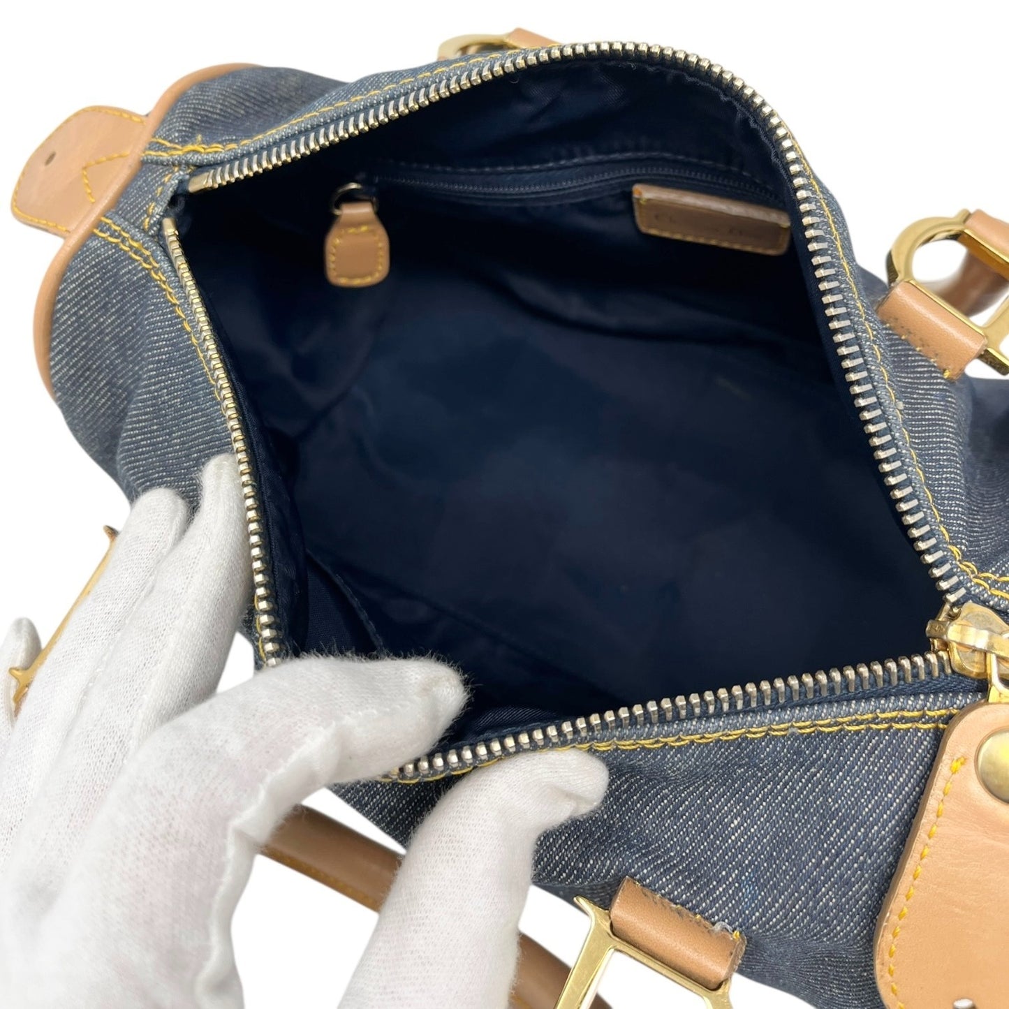 Christian Dior Vintag 2002 D Charm Denim Mini Boston Bag Blue Beige Gold