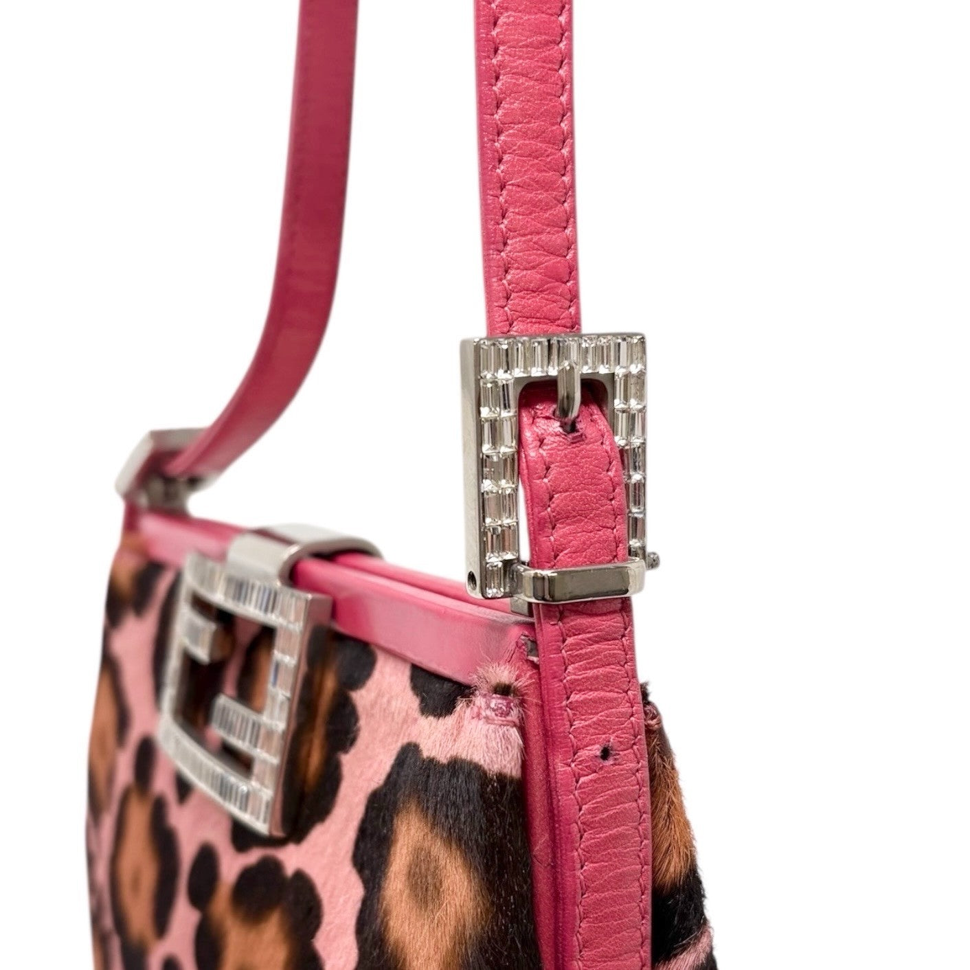 FENDI Vintage Mamma Baguette Leopard Pony Calf Hair Shoulder Bag Pink Brown
