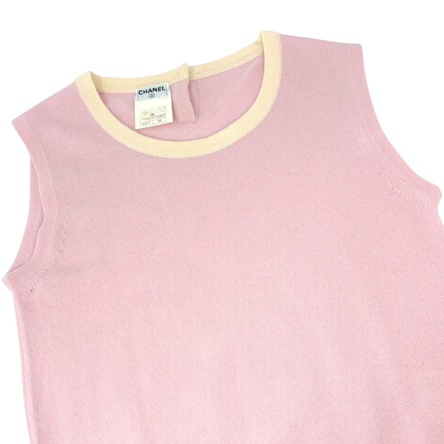 CHANEL Vintage 96C CC Logo Button Cashmere Knit Tank Top #38 Pink Cream