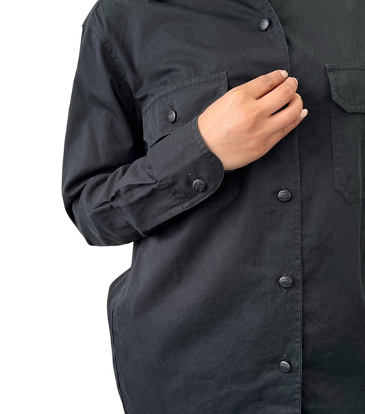 CHANEL Vintage P08155 CC Button Up Oversized Shirt Long Sleeve #36 Black Cotton