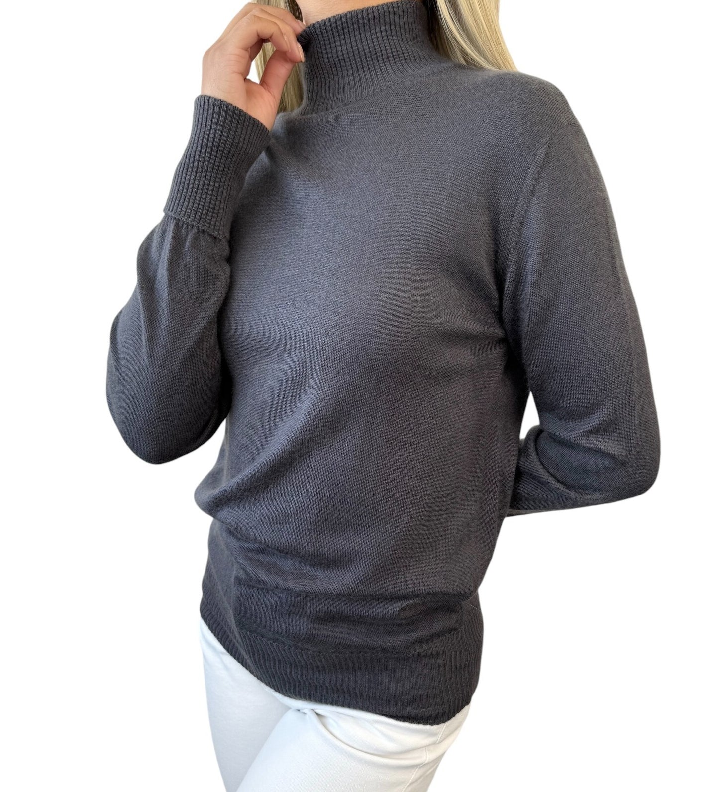 CHANEL Vintage CC Logo Turtleneck Sweater Top #36 Gray Gold Button Wool RankAB+