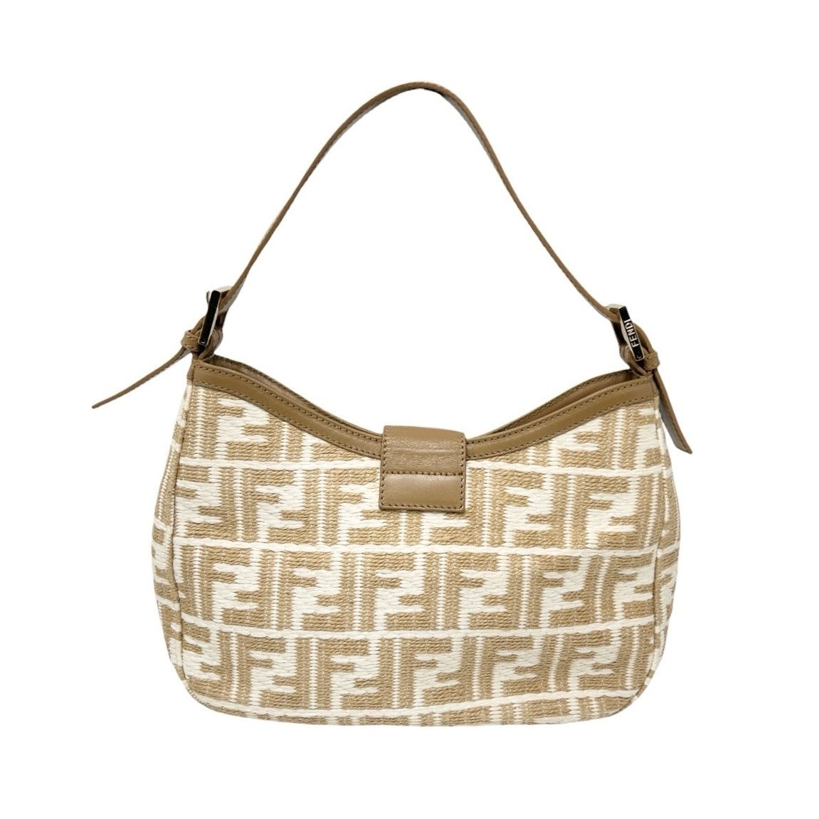 FENDI Vintage FF Logo Zucca Raffia Hobo Shoulder Bag Beige White Leather