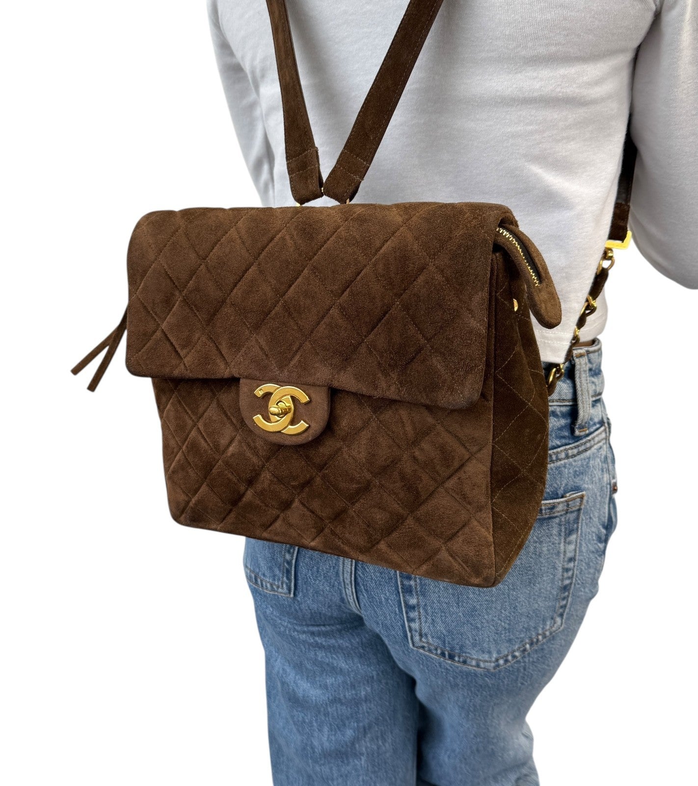 CHANEL Vintage CC Logo Suede Matelasse Backpack Bag Turn Rock Brown Gold