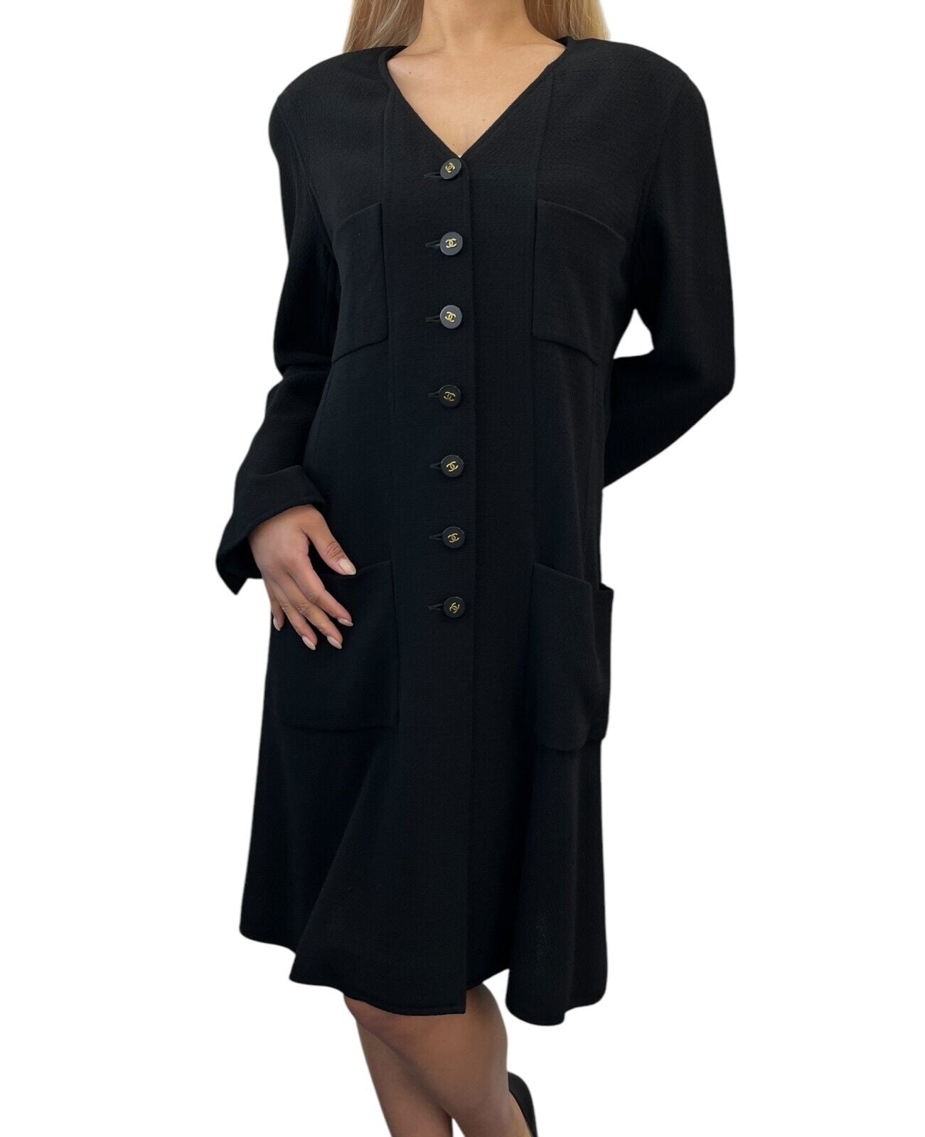 CHANEL Vintage 94A CC Logo Long Sleeve Dress #42 One-piece Black Wool Button