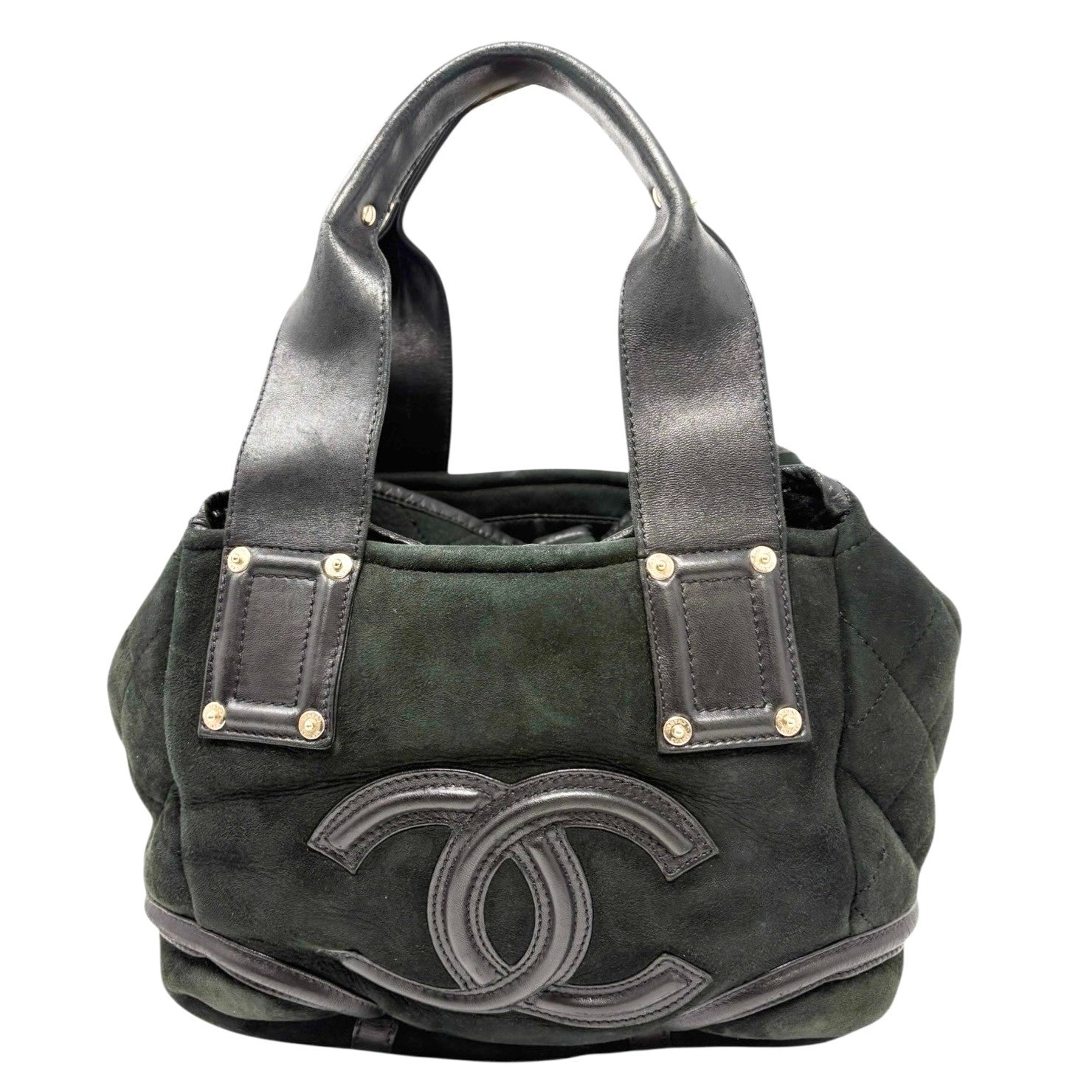 CHANEL Vintage 2006 CC Logo Shearling Tote Bag Handbag Black Gold Suede Mouton