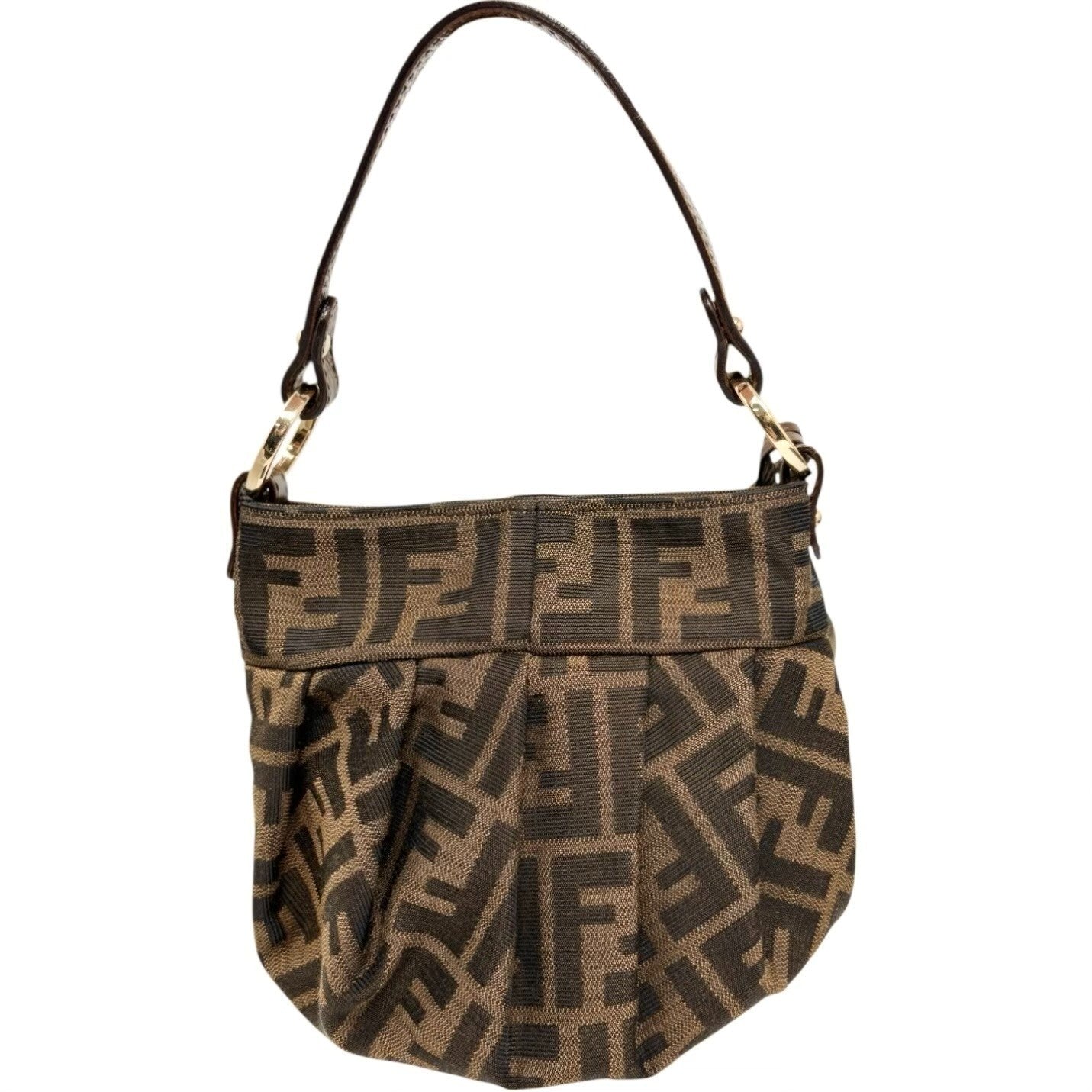 FENDI Vintage FF Logo Charm Zucca Canvas Mini Chef Hobo Tote Bag Brown Black