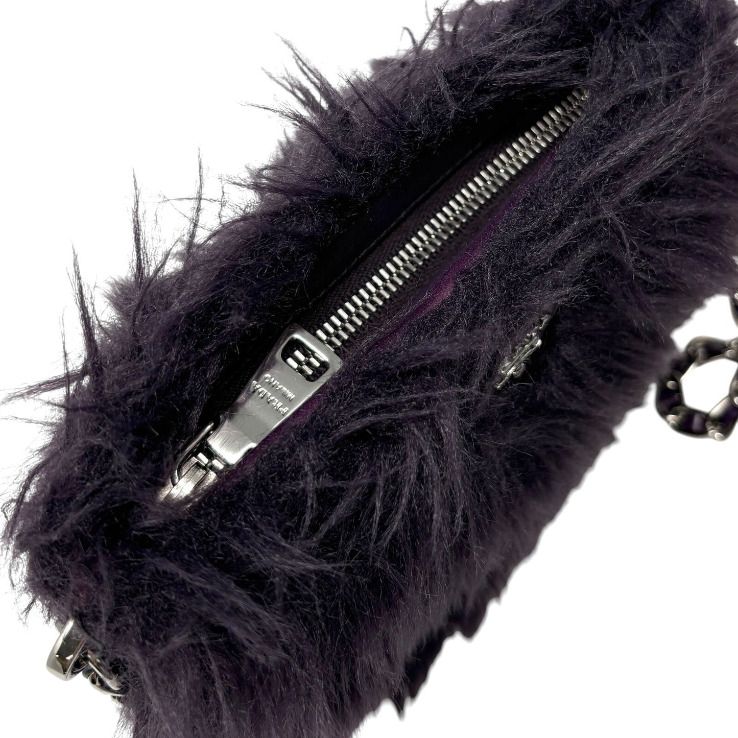 PRADA Vintage Logo Fur Chain Crossbody Bag Purple Silver Zip Leather Rank AB