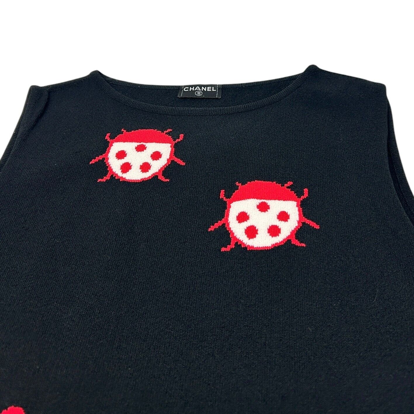 CHANEL Vintage 04P CC Mark Logo Ladybugs Knit Tank Top Black White Cotton