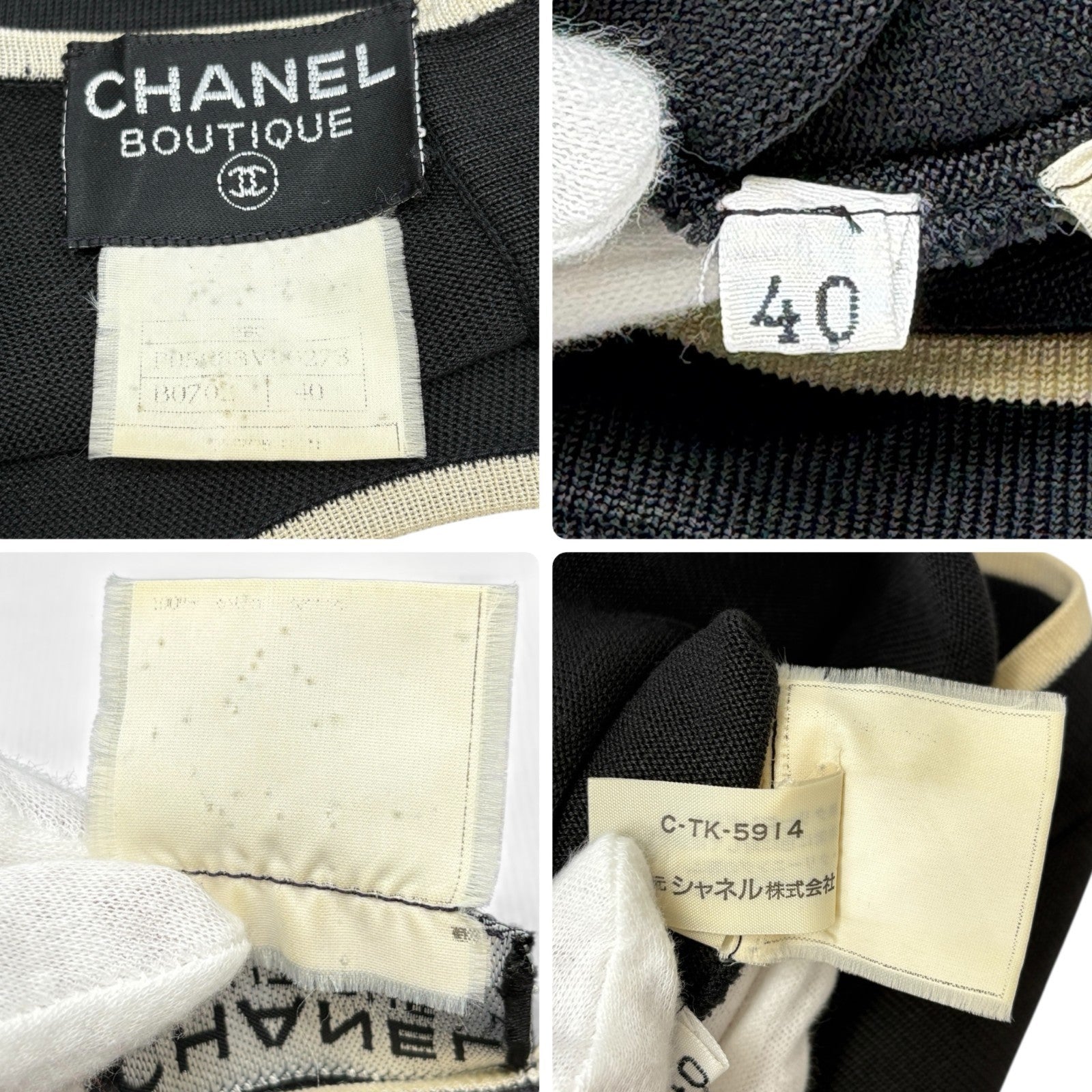 CHANEL Vintage 96C CC Mark Button Long One-piece Dress #40 Black Cream Cotton