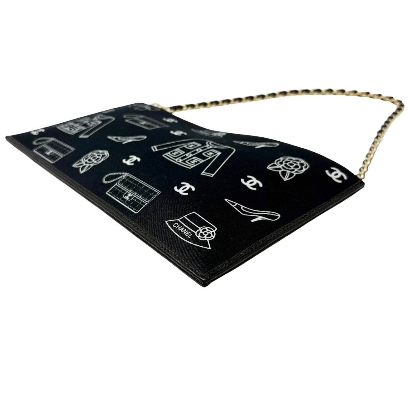 CHANEL Vintage CC Logo Icon Print Canvas Shoulder Bag Pochette Dark Blue Chain