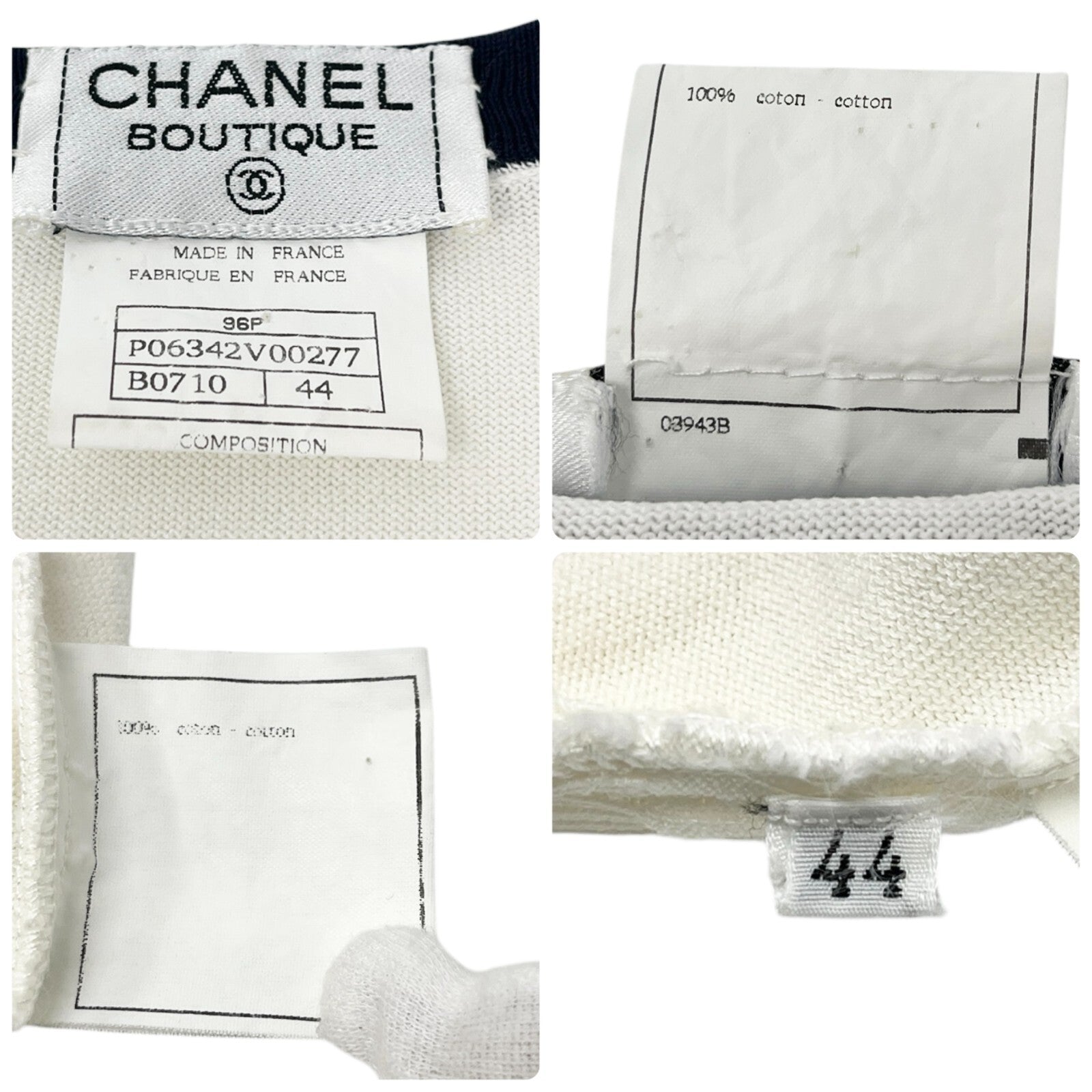 CHANEL Vintage 96P CC Logo Button Cardigan Knit Top #44 White Blue Cotton