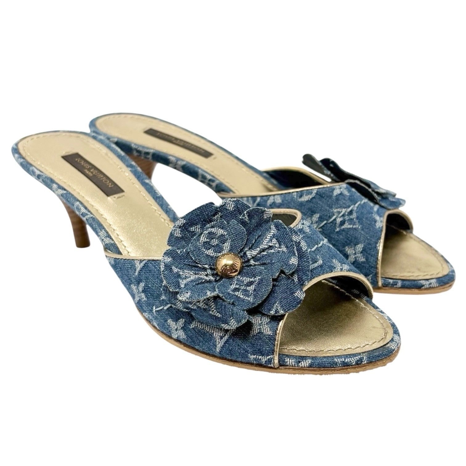 LOUIS VUITTON Vintage Monogram Denim Heels Sandals #36.5 Blue Gold Corsage
