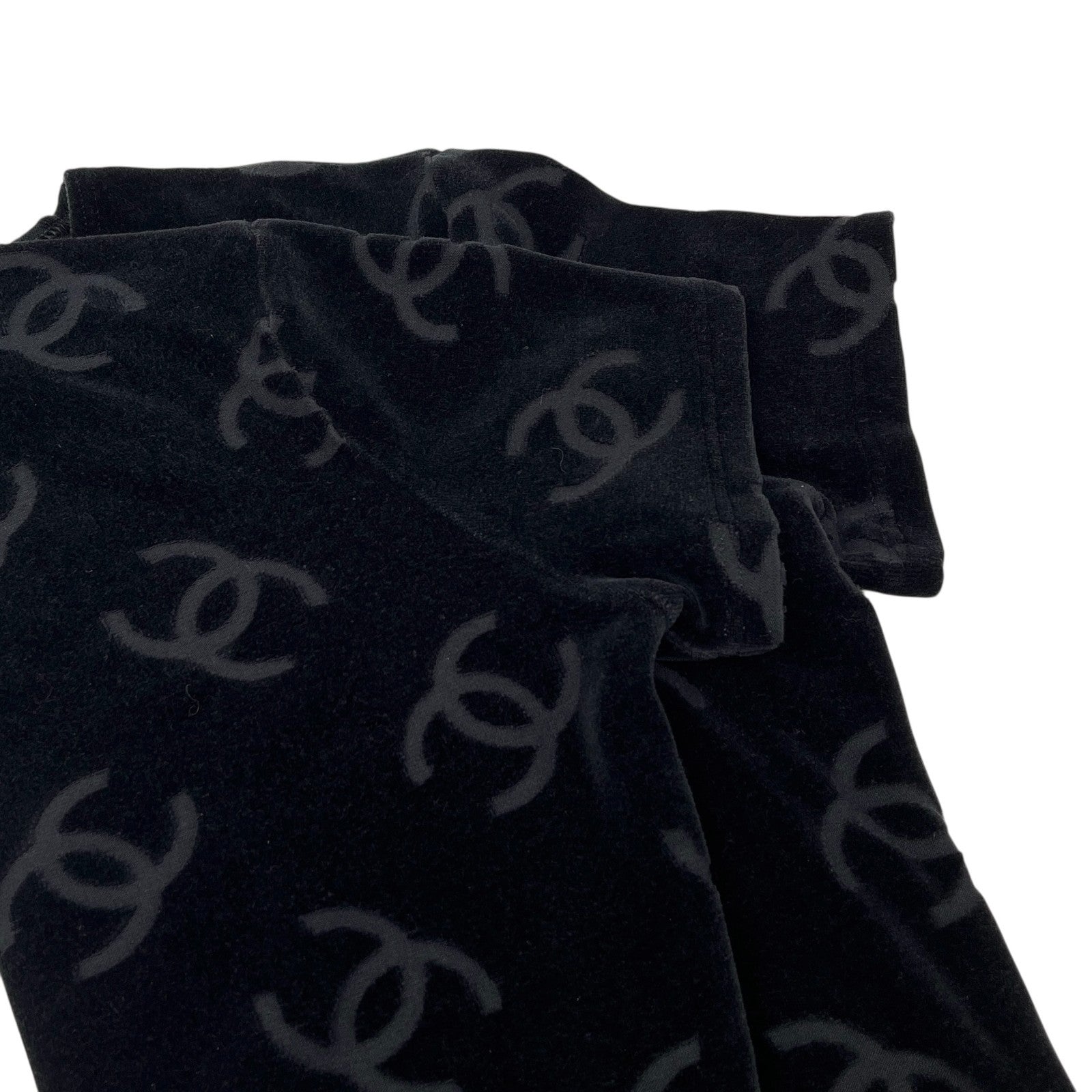 CHANEL Vintage 1996 CC Logo Monogram Velour T-shirt Top #44 Black Cotton