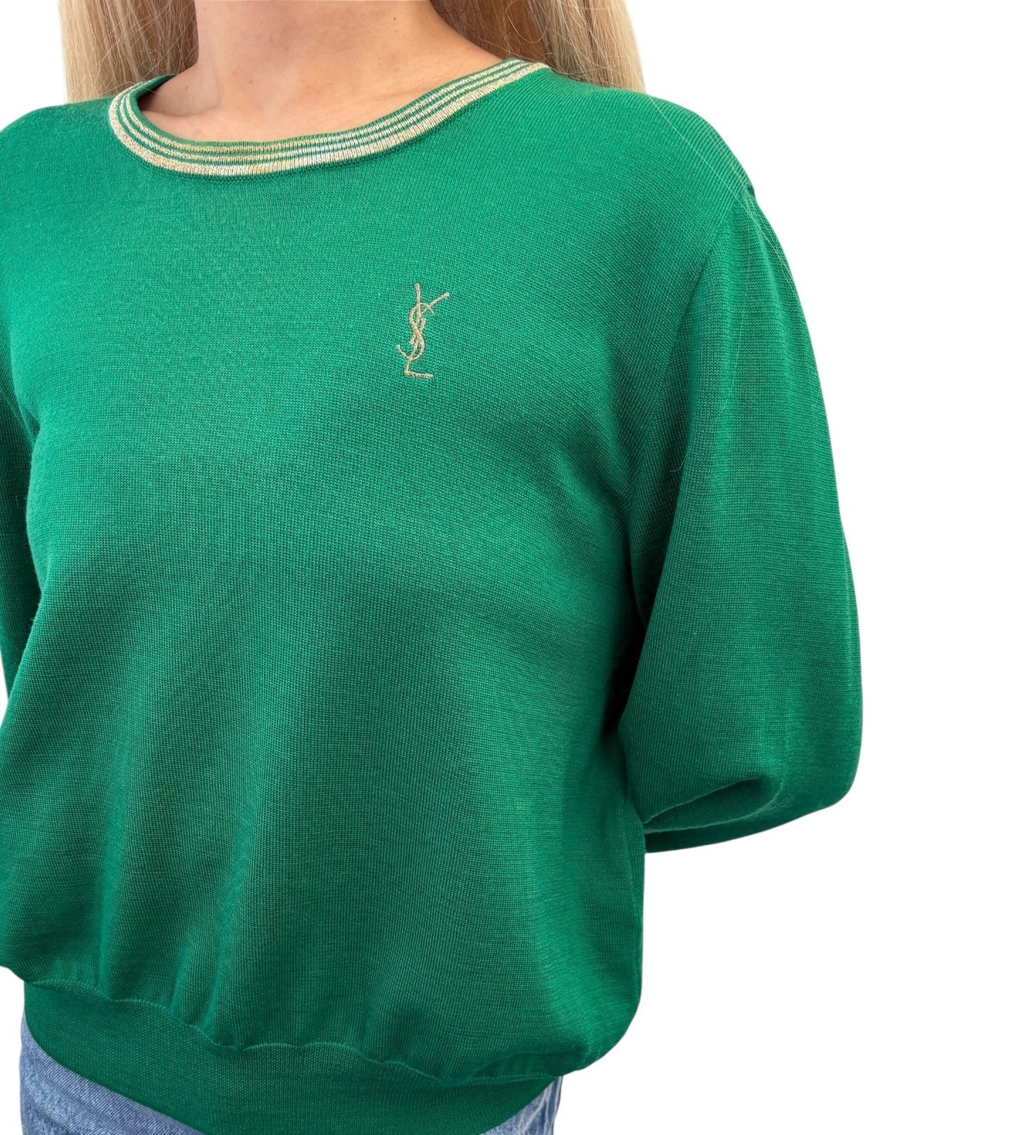 Yves Saint Laurent Vintage YSL Logo Knit Sweater Top #L Pullover Green Gold