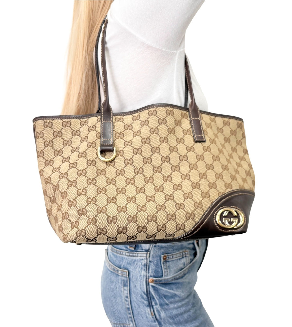 GUCCI Vintage GG Monogram Tote Shoulder Bag Brown Beige Canvas Leather 902323
