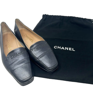 CHANEL Vintage Coco Mark Logo Pumps Loafer Flats #38 US 8 Black Leather RankAB