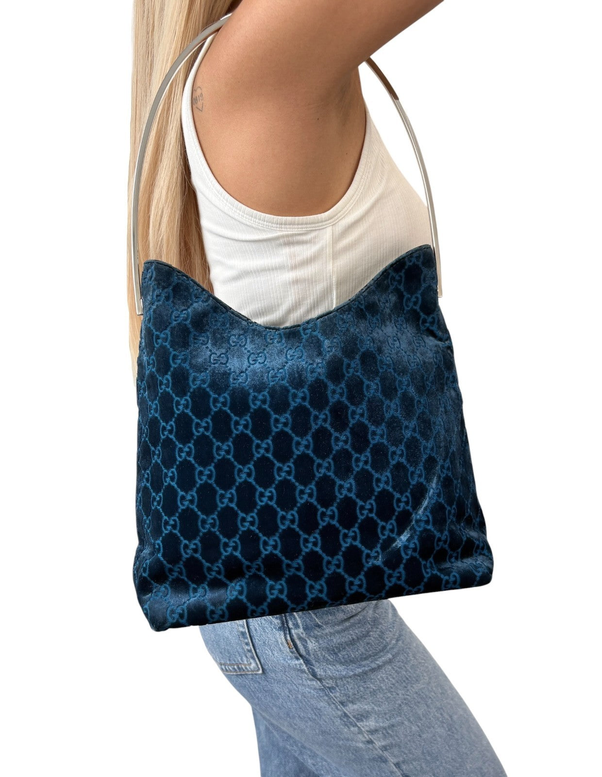 Gucci Vintage GG Monogram Suede Hobo Shoulder Bag Blue Silver Leather 902062