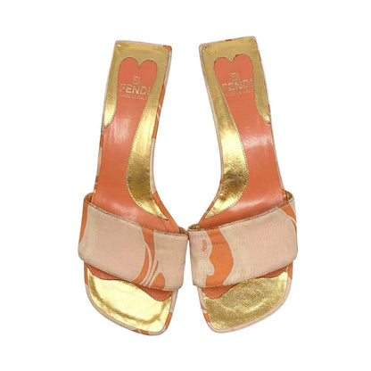 FENDI Vintage FF Logo Psychedelic Print Silk Sandals Heels #36.5 Orange 902028