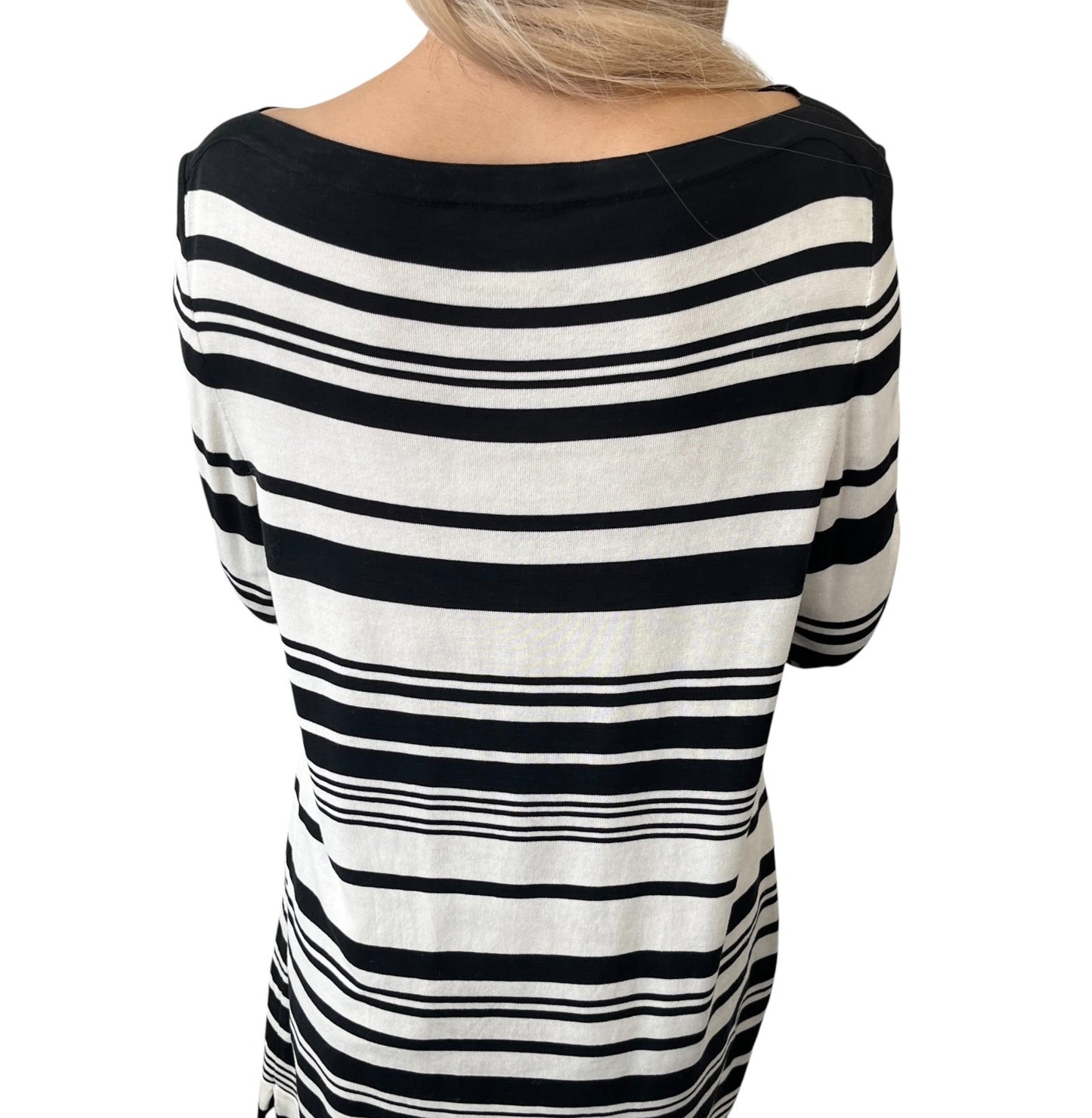 CHANEL Vintage 98P CC Logo Stripe Knit Dress #40 Black White Cotton 901808