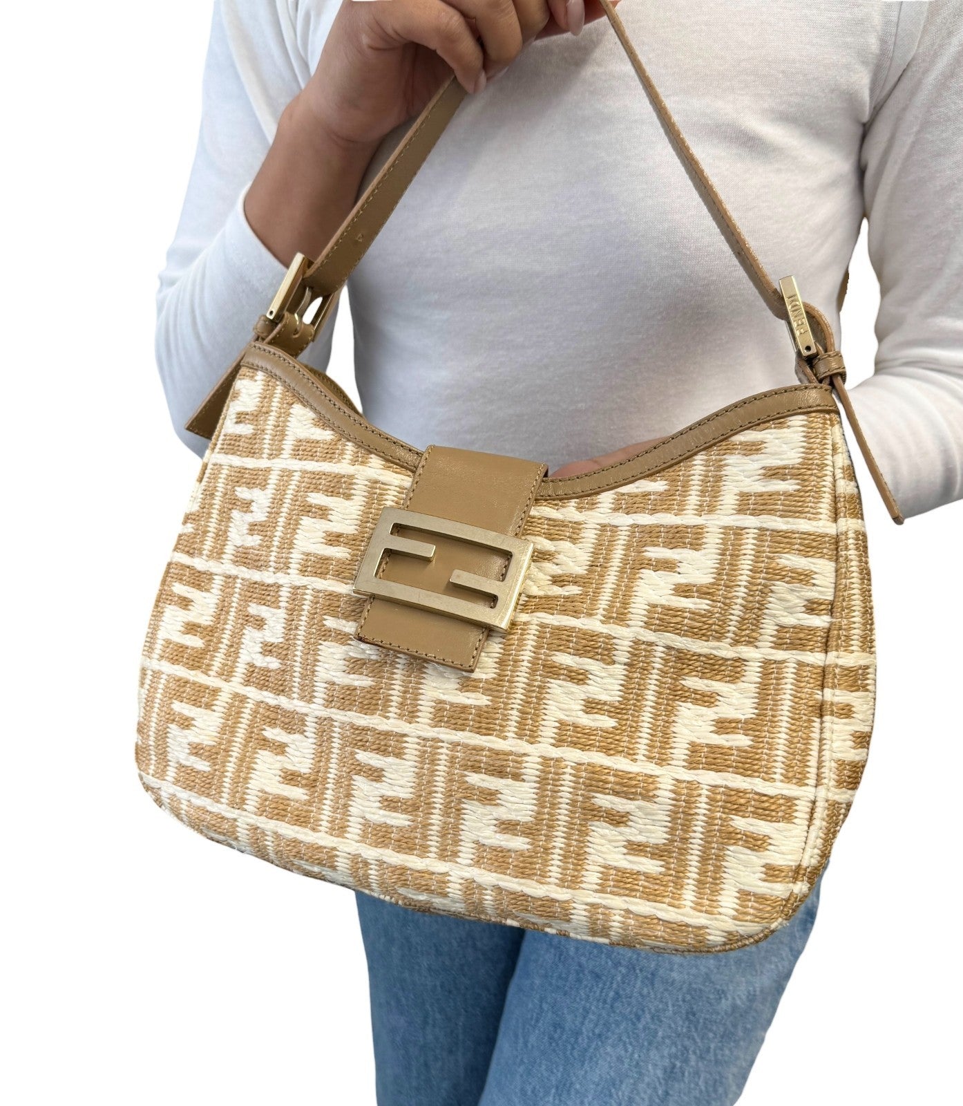 FENDI Vintage FF Logo Zucca Raffia Hobo Shoulder Bag Beige White Leather
